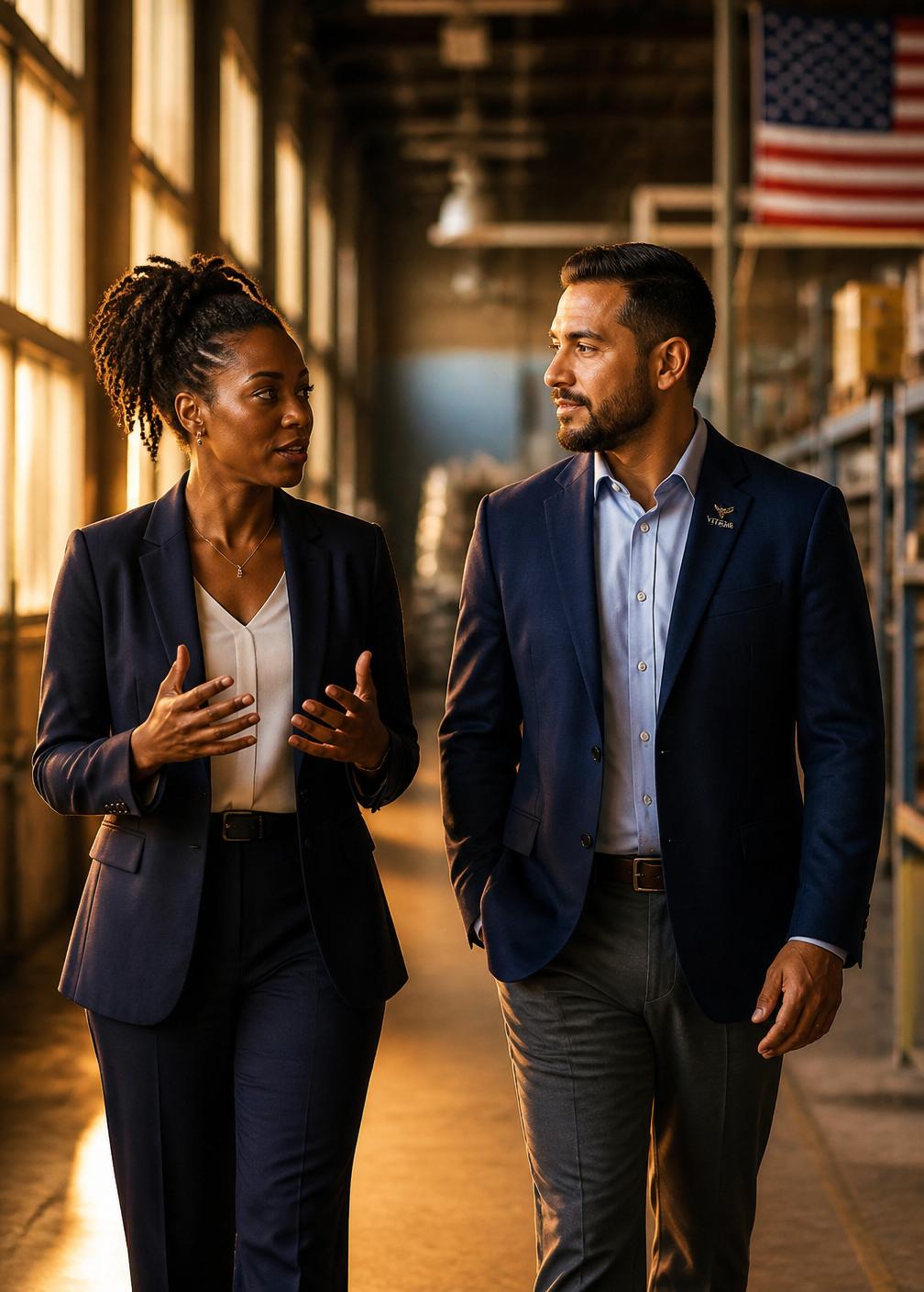 Minority- and veteran-owned business owners walking and talking through a warm-lit facility corridor